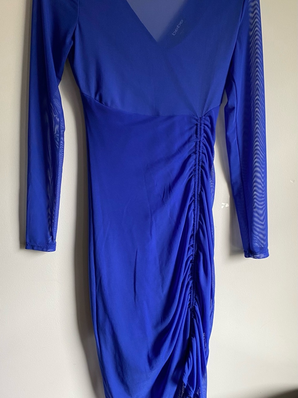 bebe Royal Blue Long-Sleeve Ruched Mesh Panel Dress